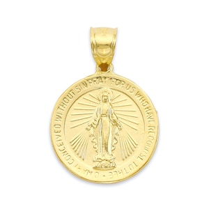 Solid Gold Miraculous Medal Necklace: 10k/14k Virgin Mary Pendant