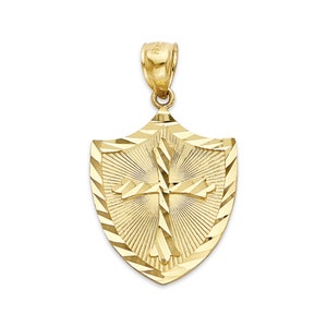Solid Gold Cross Shield Pendant for Necklace with Diamond Cut Finish 10k or 14k Gold Mens Cross Shield Charm Religious Jewelry Gifts for Men