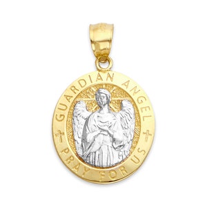 Solid Gold Guardian Angel Medal Pendant in 10k or 14k, Solid Gold Angel Pendant for Protection