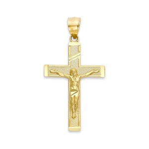 Pingente de crucifixo em ouro maciço genuíno em 10k ou 14k, joias religiosas unissex, colar com crucifixo e corrente Rolo, presentes delicados para batismo