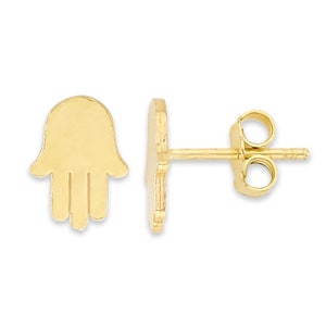 Real Solid Gold Hamsa Stud Earrings in 10k or 14k Gold, Dainty Protection Jewelry Earrings Finished in Satin