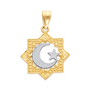 10k Real Solid Gold Islamic Moon and Star Necklace with Option to Add Gold Chain, Islamic Jewelry Religious Prayer Pendant Crescent and Moon