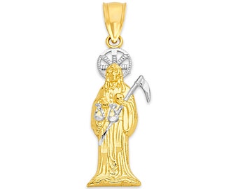 May include: A gold and silver pendant featuring a detailed depiction of Santa Muerte, a figure associated with death and protection in Mexican folk religion. The pendant features a halo, a scythe, and scales.