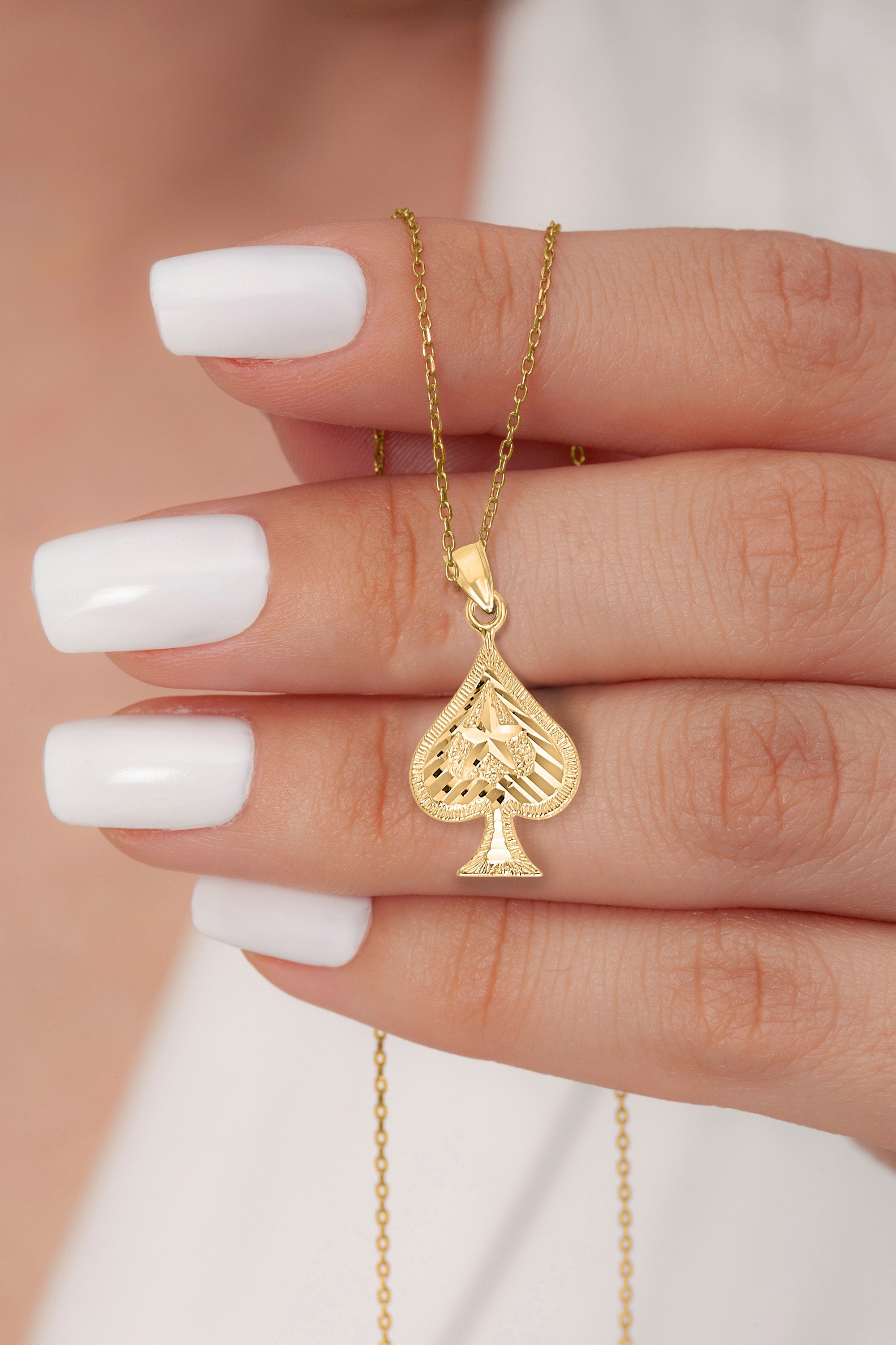 Solid Gold Spade Pendant: 10k/14k Diamond Cut Lucky Charm Necklace