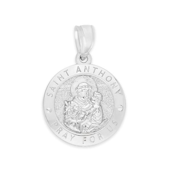 14k Solid White Gold Saint Anthony Pendant - Religious Medal Personalized Jewelry Gifts for Her