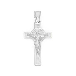 14k White Gold Crucifix Pendant - Saint Benedict Guardian Angel Protection Jewelry - Religious Cross Jewelry Gifts for Baptism