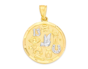 14k Solid Gold Lucky Charm Pendant: Diamond Cut Good Luck Symbols
