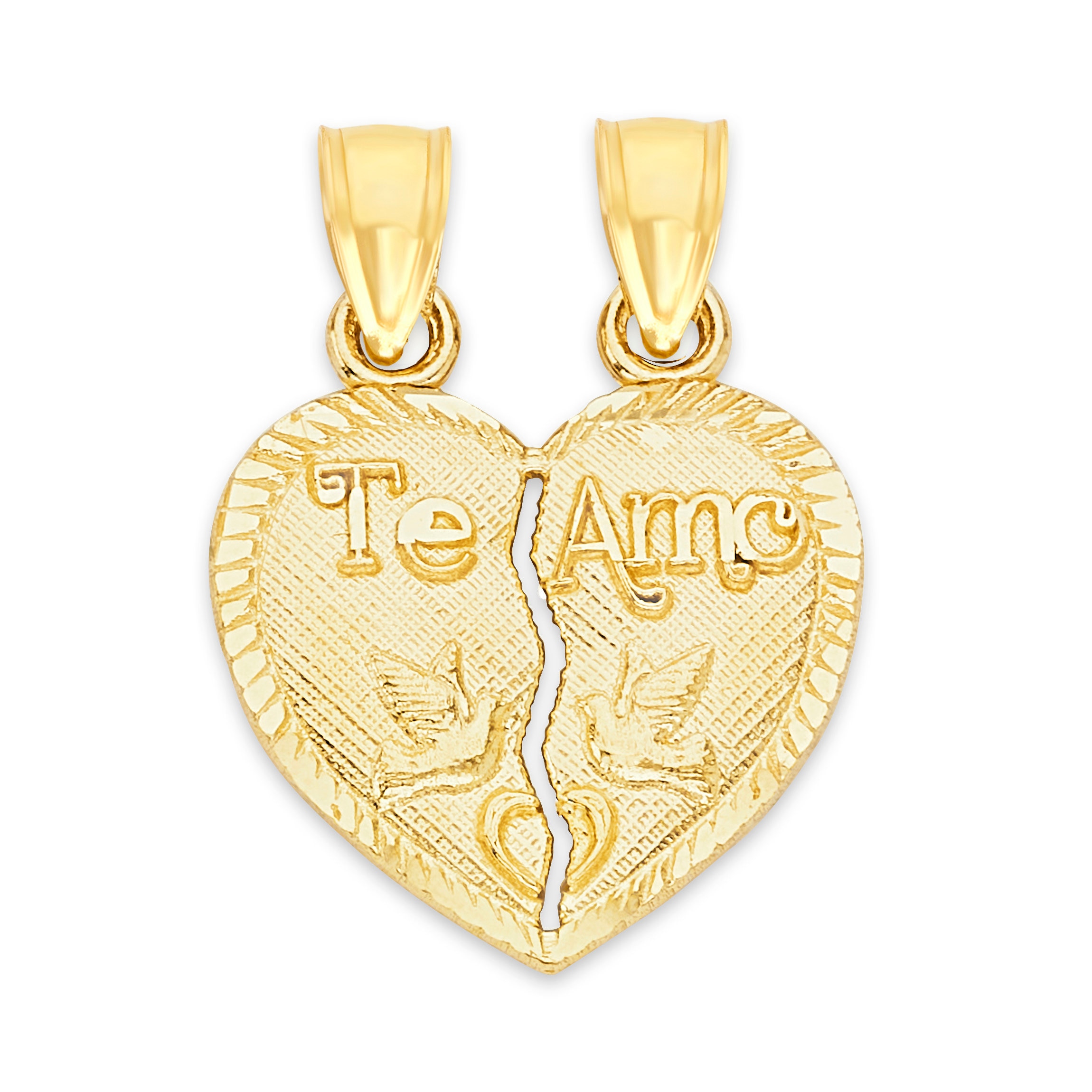14K Yellow Gold SmallTe Amo Couple Broken Heart Charm Pendant For Necklace or Chain 14K Yellow Gold SmallTe Amo Couple Broken Heart Charm Pendant For Necklace or Chain