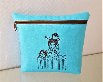 Bag cosmetic bag dad with children turquoise EMBROIDERED linen