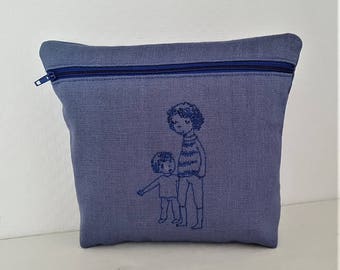 Father and son bag cosmetic bag EMBROIDERED linen blue.