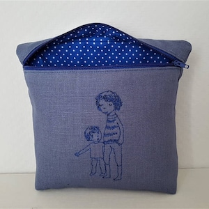 Father and son cosmetic bag EMBROIDERED linen blue.