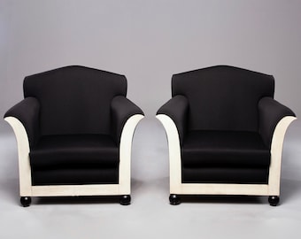 French Art Deco Vellum Edged Club Chairs with Black Upholstery - Pair [8912]