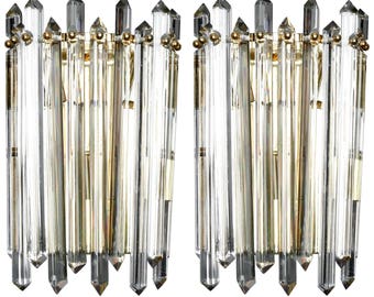 Pair Mid-Century Wall Sconces with Polished Brass and Crystal Spears [7656]
