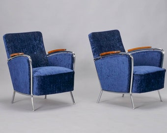 Art Deco Bauhaus Tubular Steel and Wood Club Chairs - Pair [8358]