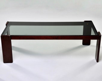 Mid Century Italian Dark Wood Framed Coffee Table with Smoke Colored Glass [9476]