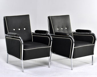 Pair French Mid Century Chrome Framed Club Chairs in Black with Ivory Detailing [9096]