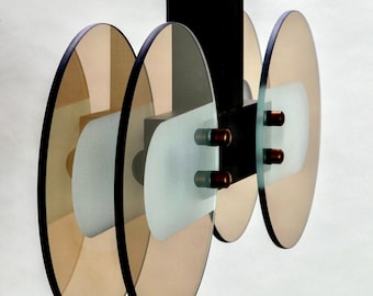 Mid Century Etched Glass and Wood Pendant Light Fixture [7598]