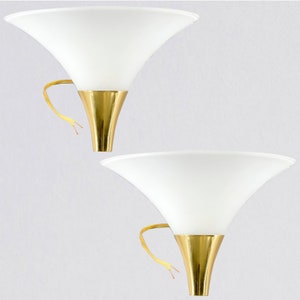 Pair Hollywood Regency Style Trumpet Shaped White Glass and Brass Sconces [8549]