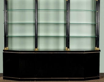 Large 1970s Italian Black Lacquer and Brass Display Cabinet with Glass Shelving [8379]