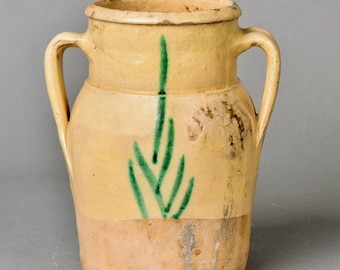 Maceta mediana francesa de principios del siglo XX, color amarillo pálido con detalles verdes [11470]