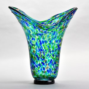 Tall Vintage Blue Green Gold Splatter Art Glass Vase [10673]