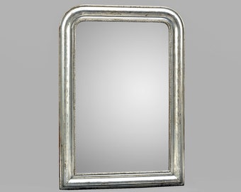 Louis Philippe Style Silver Leaf Mirror with Beaded Trim and Leaf Pattern [9062]