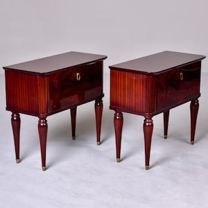 Mid Century Italian Tiger Wood Bedside Chests with Brass Tipped Legs - Pair [10267]