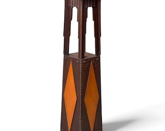 Supporto per piante antico in rovere stile Arts & Crafts con colonna intarsiata a diamante [12599]