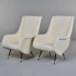 Italian Mid Century Chairs in White Boucle Upholstery and Brass Tipped Legs - Pair [11834]