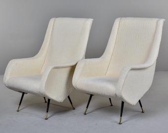 Italian Mid Century Chairs in White Boucle Upholstery and Brass Tipped Legs - Pair [11834]