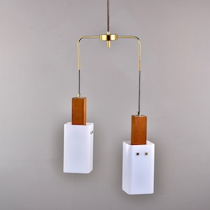 Mid Century Scandinavian Teak Brass and Glass Two Light Fixture [10422]