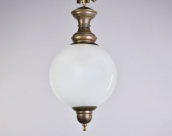 Mid Century White Glass Globe Fixture with Bronze Fitting [11146]