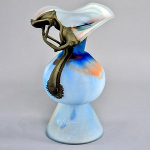 Filip Ravert Blue Art Glass Vase With Bronze Flower Overlay [9518]
