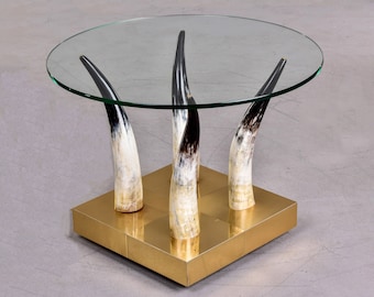 Mid Century Brass Glass and Horns Side Table with Casters [10751]