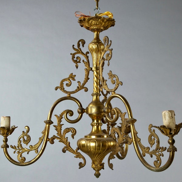 French Ornate Brass Scroll Foliate Three Light Chandelier [1387]