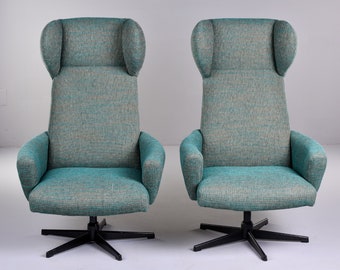 Mid Century Tall Sculptural Wing Back Swivel Chairs with New Upholstery - Pair [10429]