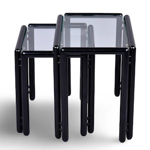 Mid Century Black Lacquer Nesting Tables with Glass Tops - Pair [11360]