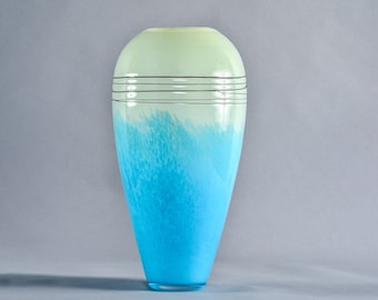 Tall Mid Century Blue and Pale Green Art Glass Vase [9592]