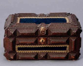 Antique Tramp Art Box With Blue Velvet and Brass Lion Opener [4684]