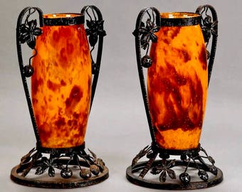 Pair French Tall Signed Delatte Nancy Art Glass Vases with Iron Surround [6083]