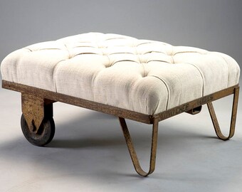 Industrial Wheelbarrow Ottoman Bench with Linen Upholstery [8516]