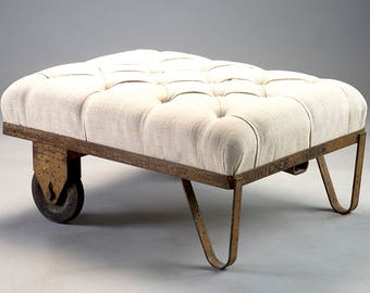 Industrial Tufted Ottoman Bench with Linen Upholstery [8516]
