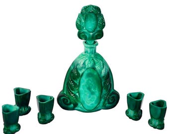 Art Deco Boho Malachite Glass Decanter Set of 6 [5804]