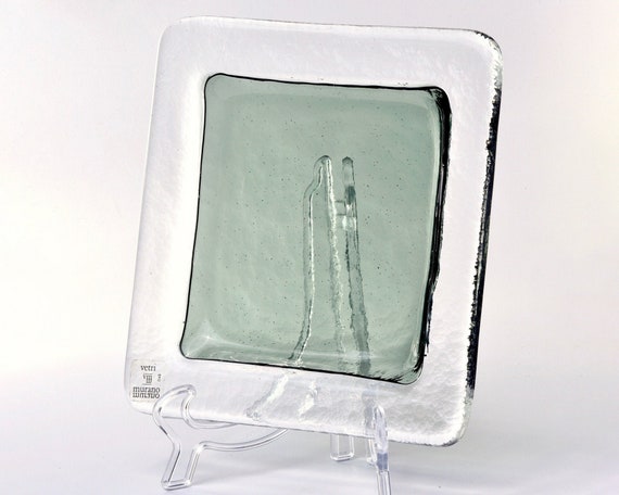 Vetri Murano Clear Glass Dinner Plates with Green Center 9255
