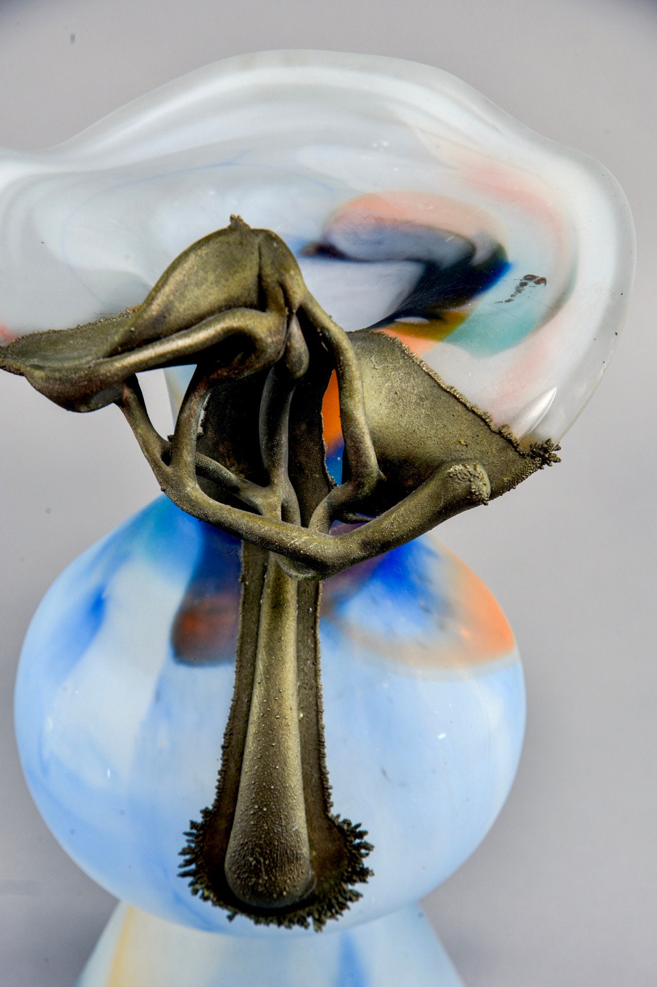 Filip Ravert Blue Art Glass Vase With Bronze Flower Overlay [9518