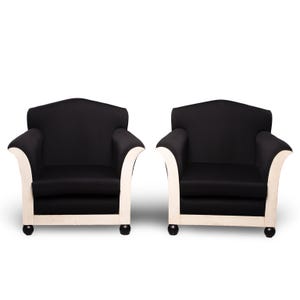 French Art Deco Vellum Edged Club Chairs with Black Upholstery - Pair [8912]