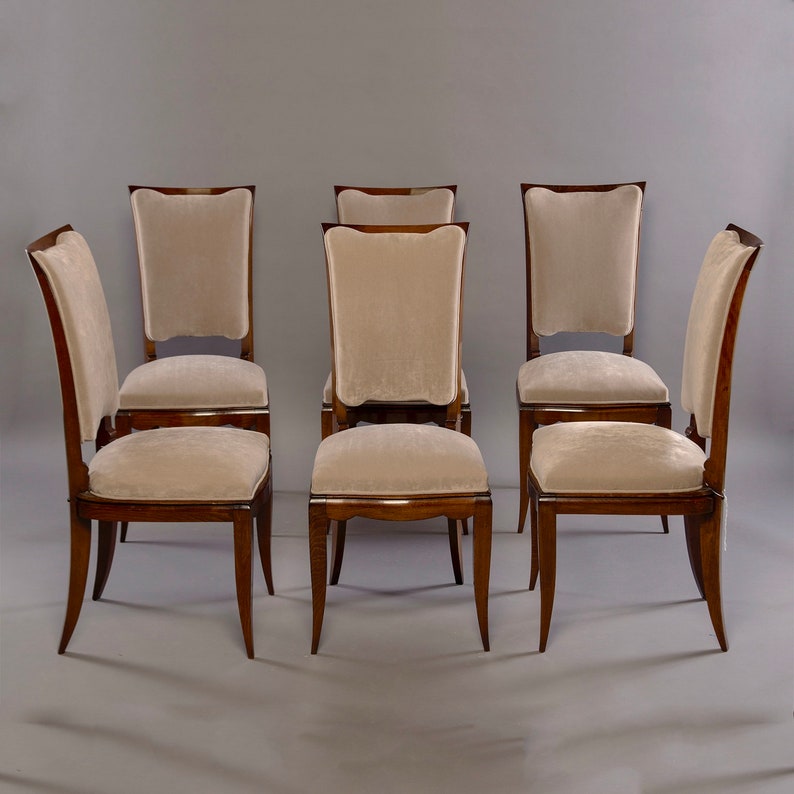 Set of 6 8594 Mid-Century Italian Polished Walnut Dining Chairs with Velvet Upholstery