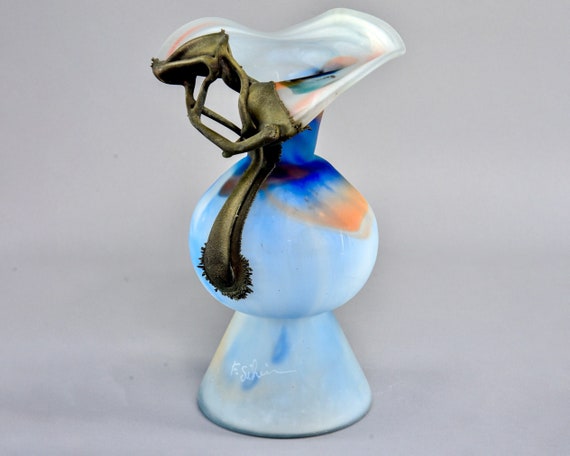 Filip Ravert Blue Art Glass Vase With Bronze Flower Overlay [9518