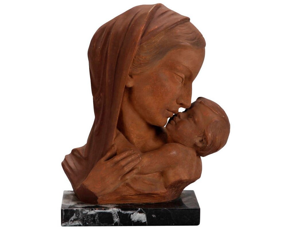 Johanne Dommisse Madonna & Child Terra Cotta Bust On Marble Base [6351]