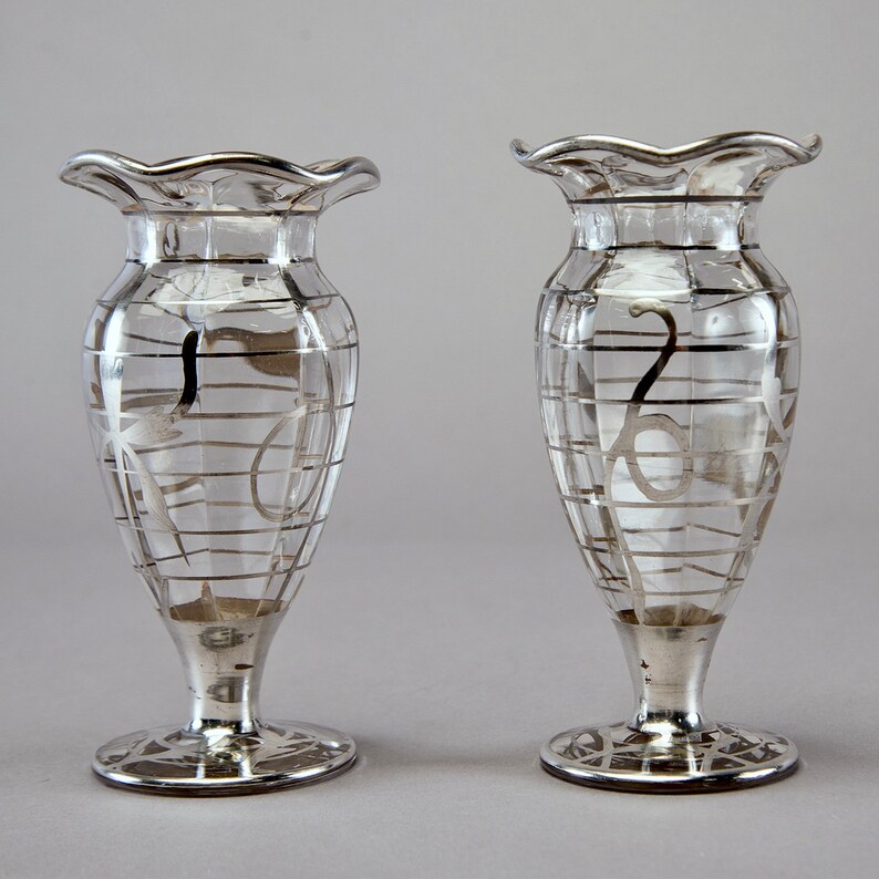 Pair Silver Overlay Art Glass Vases With Fluted Rims [8709] - Etsy